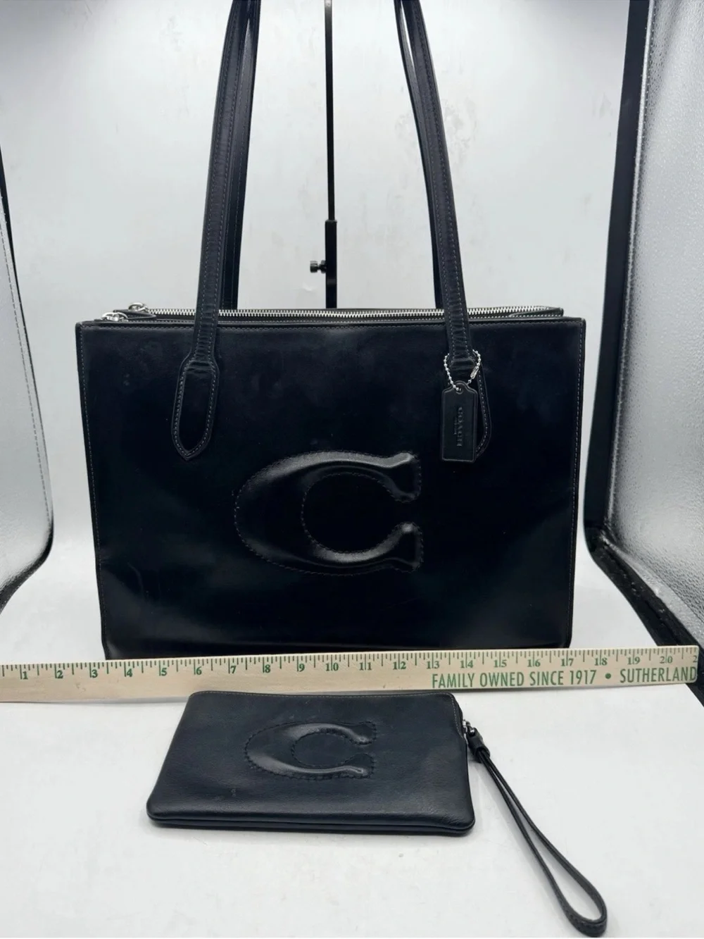COACH Nina Leather Tote Bag Black With Wristlet Wallet CR096
